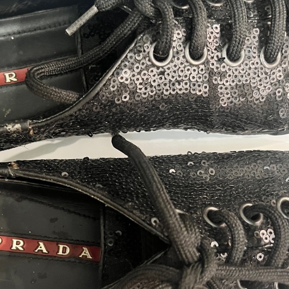 PRADA Black Sequin & Leather Metallic Cap Toe Fashion Sneakers Size 37 - Picture 4 of 6